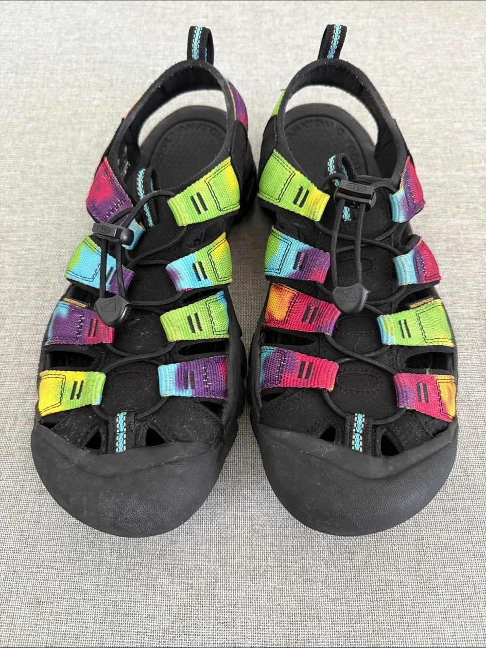 Keen Men's Black Sandals with Rainbow Tie-Dye Straps